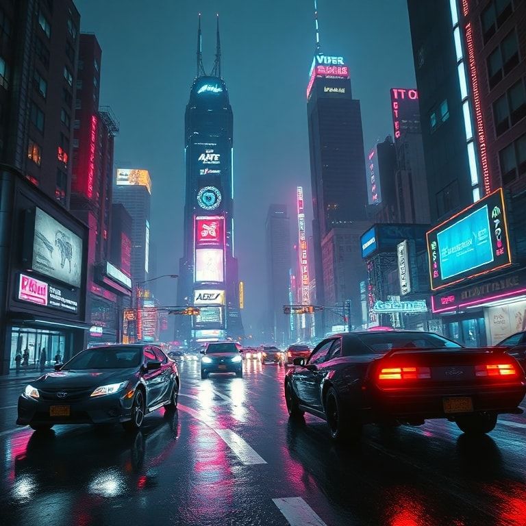 sleek cyberpunk city skyline at night, neon lights reflecting on wet streets, futuristic vehicles speeding by, towering skysc