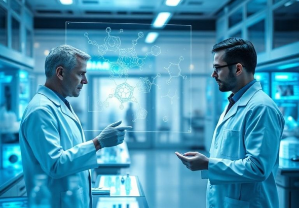 A futuristic pharmaceutical research laboratory with scientists in white coats interacting with holographic displays showing complex molecular structures and AI algorithms, glowing blue light, high-tech, clean environment, cinematic lighting, ultra realistic, highly detailed, 8k quality, photorealistic