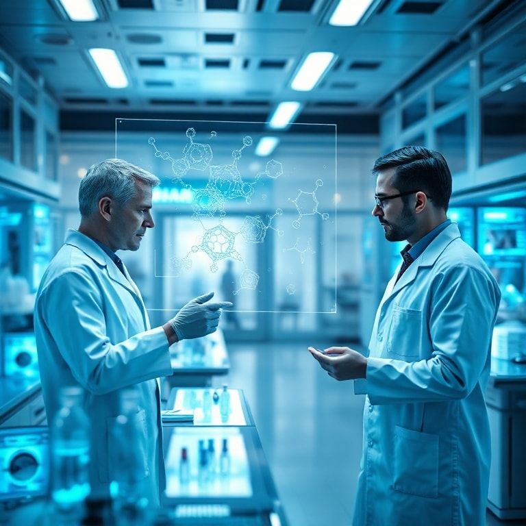 A futuristic pharmaceutical research laboratory with scientists in white coats interacting with holographic displays showing complex molecular structures and AI algorithms, glowing blue light, high-tech, clean environment, cinematic lighting, ultra realistic, highly detailed, 8k quality, photorealistic