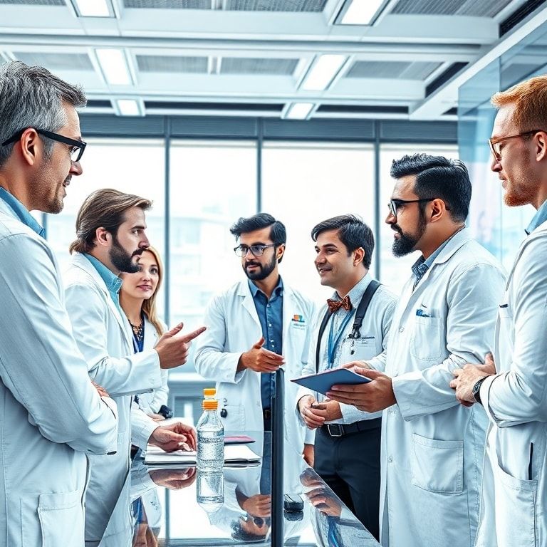 pfizer - A diverse group of scientists and researchers from various backgrounds collaborating in a modern, brightly lit confe