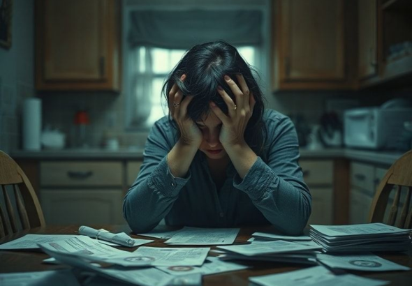 A woman sitting alone at a dimly lit kitchen table, head in hands, looking extremely stressed and overwhelmed. Papers are scattered around her, some with official-looking seals, suggesting a fabricated academic background. The mood is somber and anxious, with soft, cool lighting. Cinematic, highly detailed, realistic.