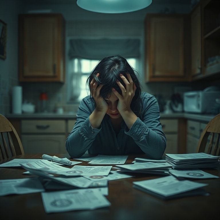A woman sitting alone at a dimly lit kitchen table, head in hands, looking extremely stressed and overwhelmed. Papers are scattered around her, some with official-looking seals, suggesting a fabricated academic background. The mood is somber and anxious, with soft, cool lighting. Cinematic, highly detailed, realistic.