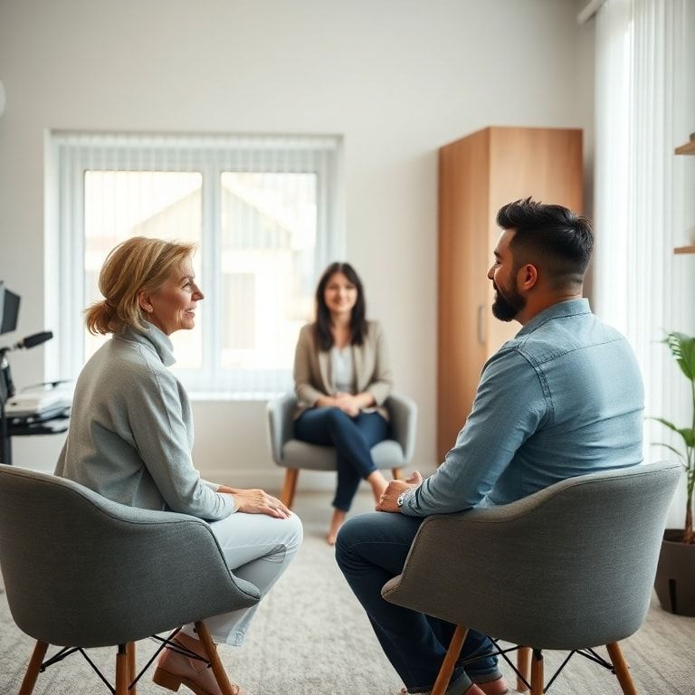 confession - A couple sitting across from each other at a modern, light-filled therapy office, engaged in a serious but hopef