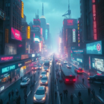 highly detailed cyberpunk cityscape with neon lights, futuristic vehicles, and bustling crowds