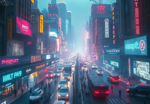 highly detailed cyberpunk cityscape with neon lights, futuristic vehicles, and bustling crowds