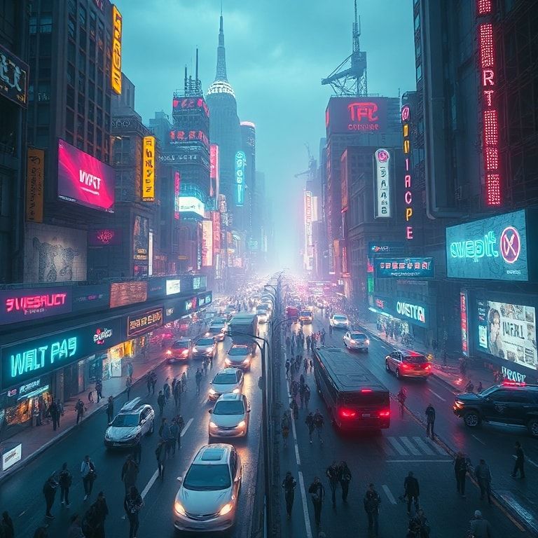 highly detailed cyberpunk cityscape with neon lights, futuristic vehicles, and bustling crowds