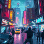 cyberpunk cityscape with neon lights, futuristic vehicles, and bustling crowds, vibrant cyberpunk street market with holographic advertisements and digital billboards, high-tech cybernetic implants and enhancements, dynamic cyberpunk combat scene with intense action and special effects