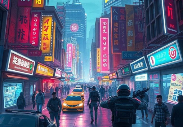 cyberpunk cityscape with neon lights, futuristic vehicles, and bustling crowds, vibrant cyberpunk street market with holographic advertisements and digital billboards, high-tech cybernetic implants and enhancements, dynamic cyberpunk combat scene with intense action and special effects