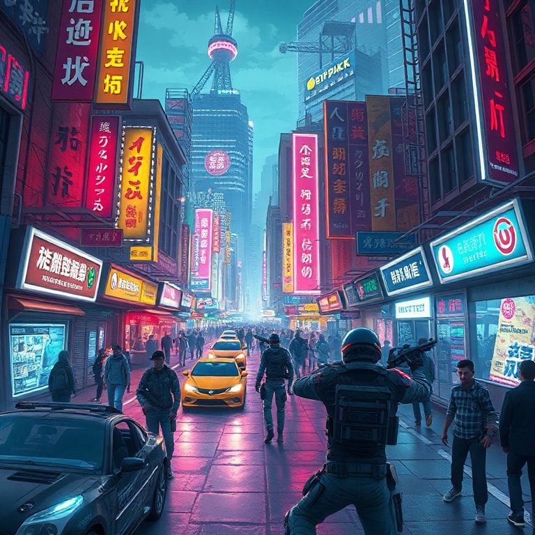 cyberpunk cityscape with neon lights, futuristic vehicles, and bustling crowds, vibrant cyberpunk street market with holographic advertisements and digital billboards, high-tech cybernetic implants and enhancements, dynamic cyberpunk combat scene with intense action and special effects
