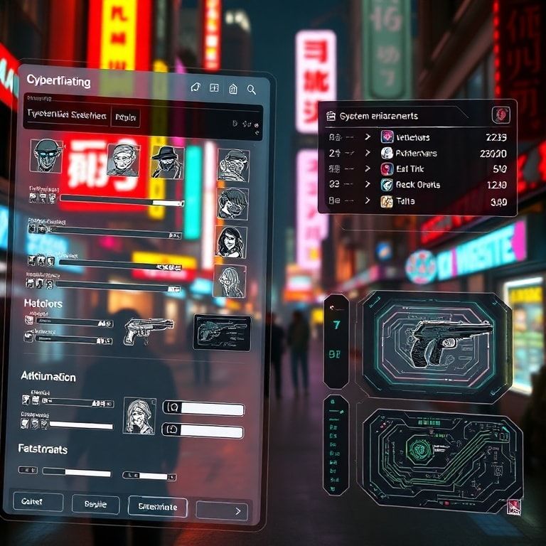 cyberpunk character customization screen with detailed options for cybernetic enhancements, futuristic weapon upgrade menu wi