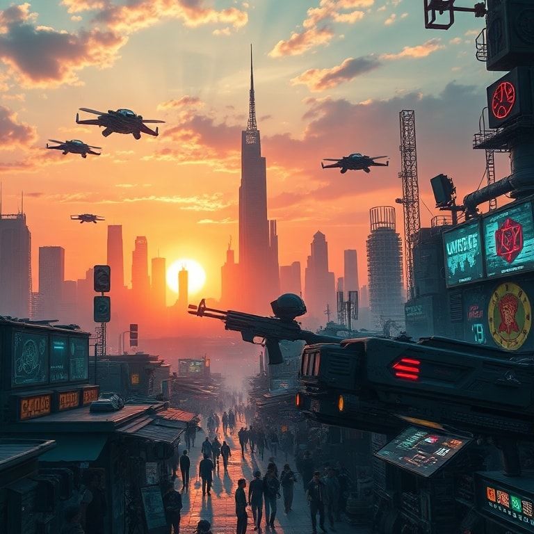 cyberpunk skyline at sunset with towering skyscrapers and flying vehicles, futuristic cyberpunk market with bustling crowds a