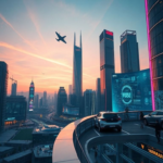 A vibrant, futuristic cityscape at dusk, adorned with holographic interfaces and autonomous vehicles gliding silently. The sky is streaked with neon lights, reflecting off sleek, glass skyscrapers. People are walking on elevated walkways, interacting with smart devices. The overall mood is innovative and hopeful, showcasing a world transformed by 2026 First Aipowered technology, cinematic, ultra-realistic, highly detailed, 8k quality, photorealistic