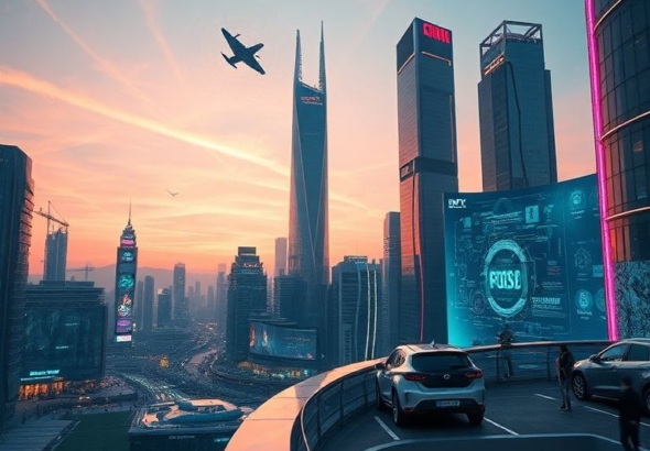 A vibrant, futuristic cityscape at dusk, adorned with holographic interfaces and autonomous vehicles gliding silently. The sky is streaked with neon lights, reflecting off sleek, glass skyscrapers. People are walking on elevated walkways, interacting with smart devices. The overall mood is innovative and hopeful, showcasing a world transformed by 2026 First Aipowered technology, cinematic, ultra-realistic, highly detailed, 8k quality, photorealistic