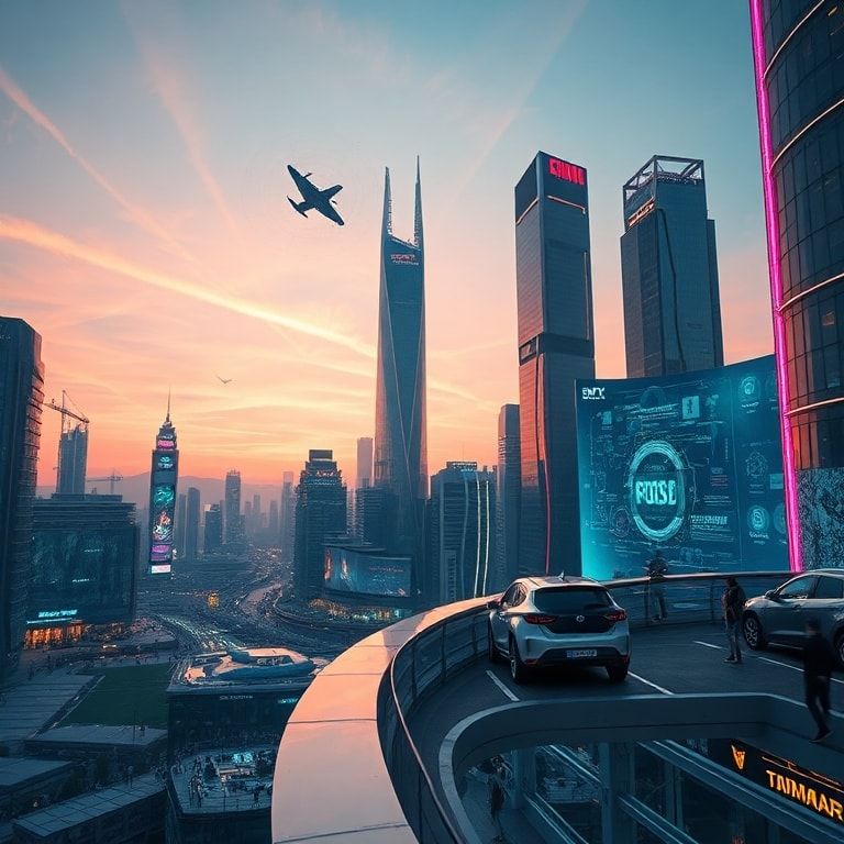 A vibrant, futuristic cityscape at dusk, adorned with holographic interfaces and autonomous vehicles gliding silently. The sky is streaked with neon lights, reflecting off sleek, glass skyscrapers. People are walking on elevated walkways, interacting with smart devices. The overall mood is innovative and hopeful, showcasing a world transformed by 2026 First Aipowered technology, cinematic, ultra-realistic, highly detailed, 8k quality, photorealistic