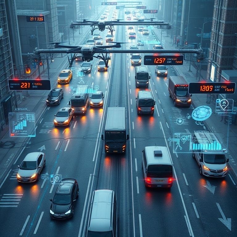 An intricate network of interconnected autonomous vehicles, cars, trucks, and drones moving seamlessly through a smart city.