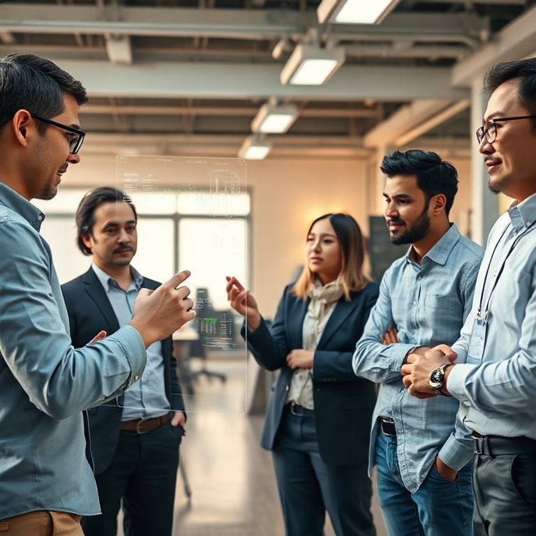 A diverse group of professionals collaborating in a modern, open-plan office space. One person is interacting with a holograp