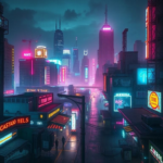 vibrant Night City skyline with neon lights and bustling streets, gritty cyberpunk aesthetic, immersive open-world environment, diverse cast of characters