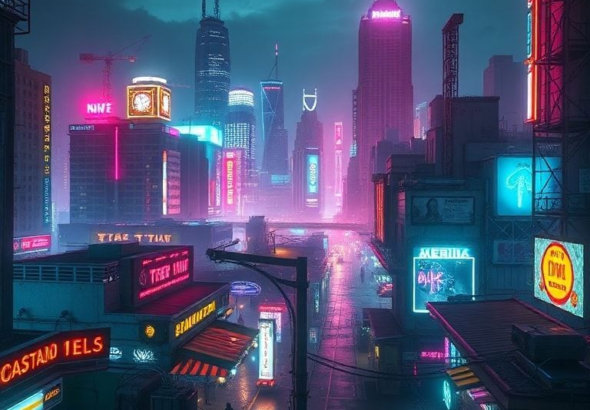 vibrant Night City skyline with neon lights and bustling streets, gritty cyberpunk aesthetic, immersive open-world environment, diverse cast of characters
