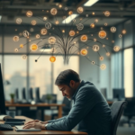 A person sitting at a desk, looking thoughtful with a complex web of interconnected ideas visually represented above their head, some glowing with new insights. The background is a blurred, modern office space with soft, warm lighting. The mood is contemplative and focused, illustrating the moment of a breakthrough or profound discovery. Cinematic atmosphere, ultra realistic, highly detailed, 8k quality, photorealistic