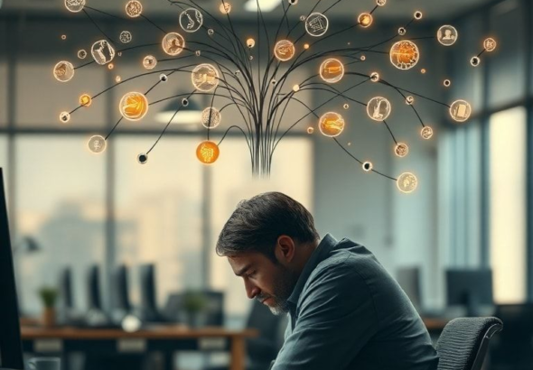 A person sitting at a desk, looking thoughtful with a complex web of interconnected ideas visually represented above their head, some glowing with new insights. The background is a blurred, modern office space with soft, warm lighting. The mood is contemplative and focused, illustrating the moment of a breakthrough or profound discovery. Cinematic atmosphere, ultra realistic, highly detailed, 8k quality, photorealistic