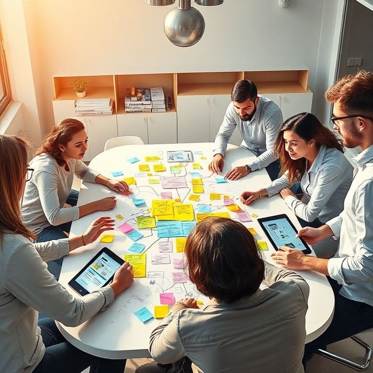 discovered - A diverse group of people collaborating around a large table covered with mind maps, colorful sticky notes, and