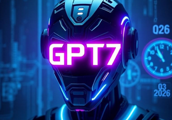 A futuristic, sleek digital representation of 'GPT-7' glowing with blue and purple neon light, symbolizing a new era of AI. The background shows abstract data streams and a subtle clock indicating Q3 2026, conveying anticipation and advanced technology. High-tech, cinematic, ultra-realistic, highly detailed, 8k quality, digital art.