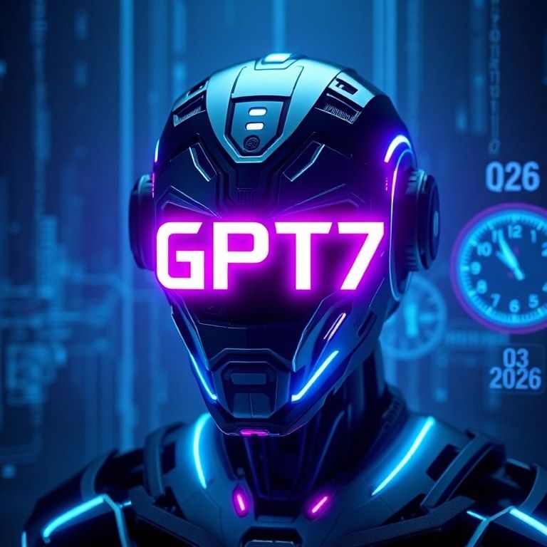 A futuristic, sleek digital representation of 'GPT-7' glowing with blue and purple neon light, symbolizing a new era of AI. The background shows abstract data streams and a subtle clock indicating Q3 2026, conveying anticipation and advanced technology. High-tech, cinematic, ultra-realistic, highly detailed, 8k quality, digital art.