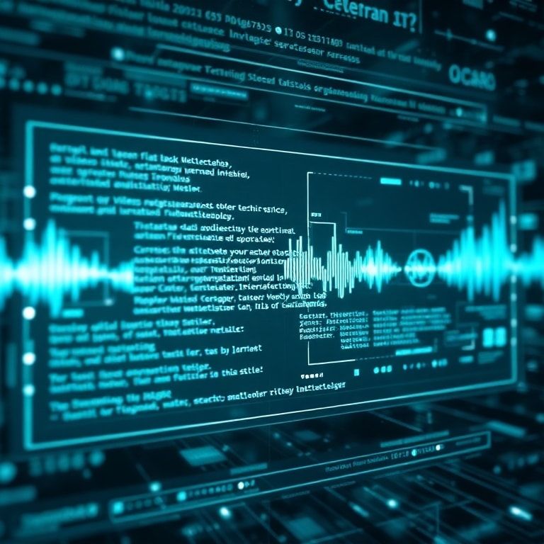 openais - A futuristic digital interface displaying a seamless integration of text, image, audio waveforms, and video snippet