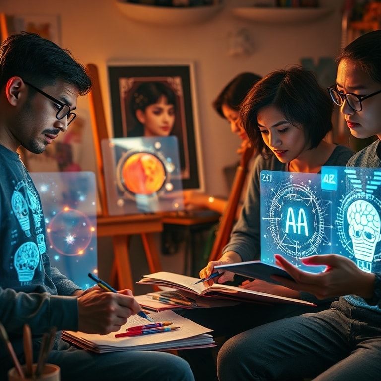 openais - A diverse group of human artists (painter, musician, writer) collaborating with ethereal, glowing AI interfaces. Th