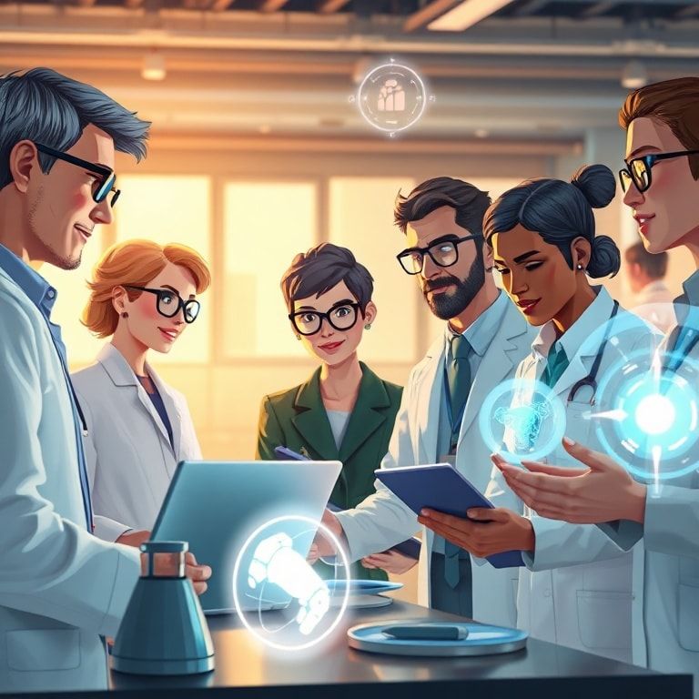 openais - A diverse group of people (scientists, artists, business professionals) working collaboratively with glowing, trans