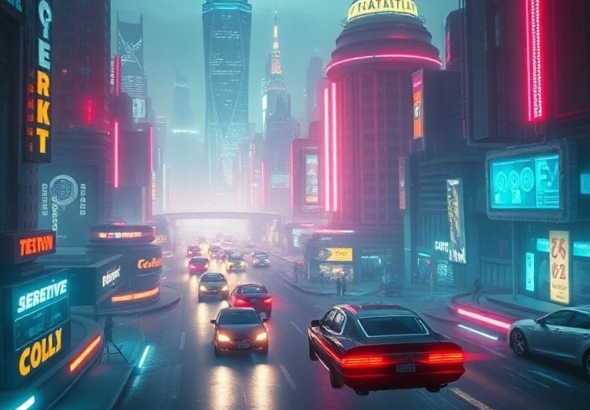 futuristic cyberpunk cityscape with neon lights, flying cars, and futuristic architecture