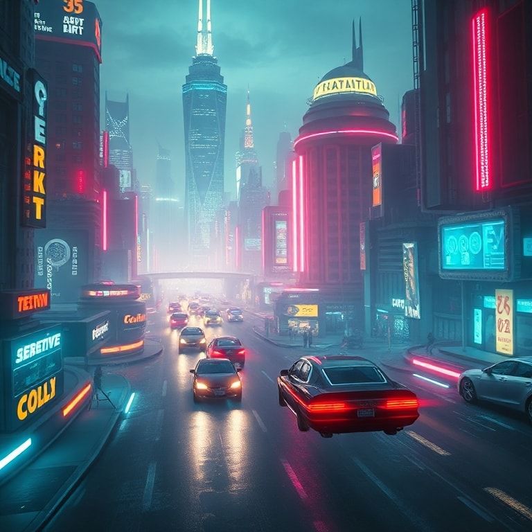 futuristic cyberpunk cityscape with neon lights, flying cars, and futuristic architecture
