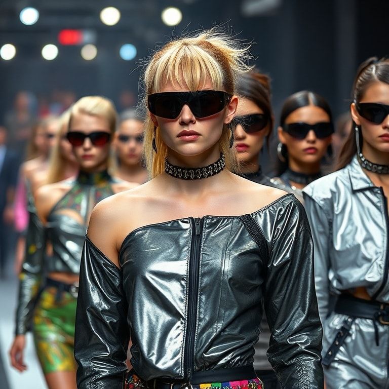 cyberpunk-inspired fashion runway with models in metallic outfits and bold prints