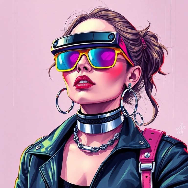 cyberpunk accessories like futuristic sunglasses, metallic jewelry, and neon handbags