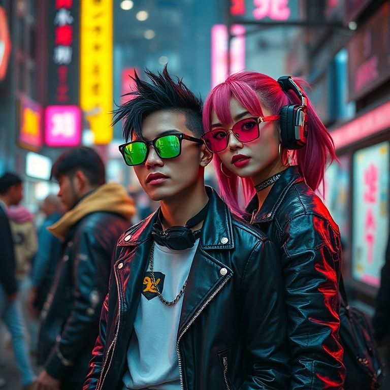 cyberpunk street style with people wearing neon colors, leather jackets, and edgy accessories