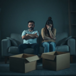A distraught couple sitting on a sofa in a dimly lit living room, one partner looking away with crossed arms, the other looking down in shame. A half-packed moving box sits on the floor nearby, symbolizing a shattered dream. The mood is heavy and melancholic, with cool tones and soft shadows. Focus keyword: Aita Secretly Using, financial betrayal, shattered dream home.