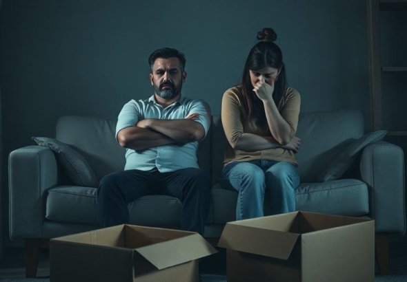 A distraught couple sitting on a sofa in a dimly lit living room, one partner looking away with crossed arms, the other looking down in shame. A half-packed moving box sits on the floor nearby, symbolizing a shattered dream. The mood is heavy and melancholic, with cool tones and soft shadows. Focus keyword: Aita Secretly Using, financial betrayal, shattered dream home.