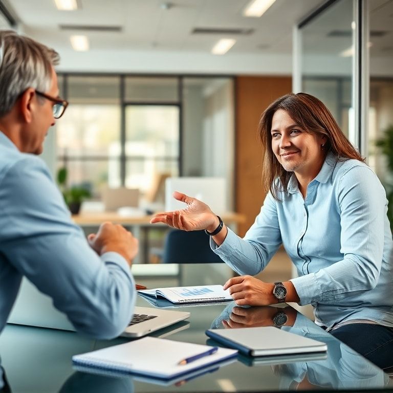 A couple sits across from a financial advisor in a modern, brightly lit office, looking serious but engaged. The advisor gest
