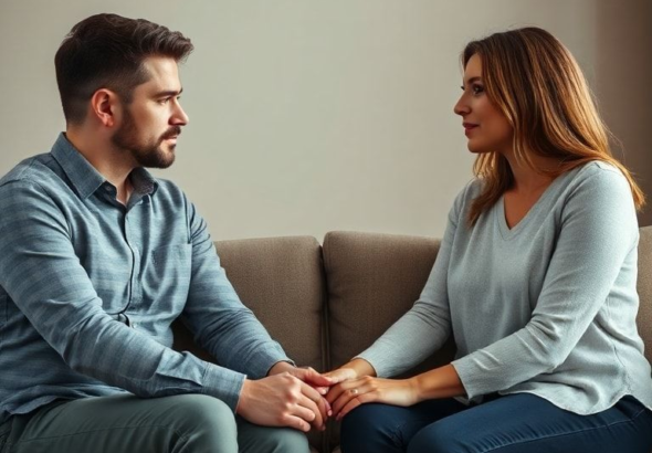 A couple sitting on a therapist's couch, facing each other with serious expressions, holding hands, with a compassionate female therapist gently guiding the conversation. The room is softly lit, with warm, muted tones, indicating a safe and supportive environment. Focus on emotional connection and hopeful tension, realistic, highly detailed, cinematic lighting, 8k quality, photorealistic