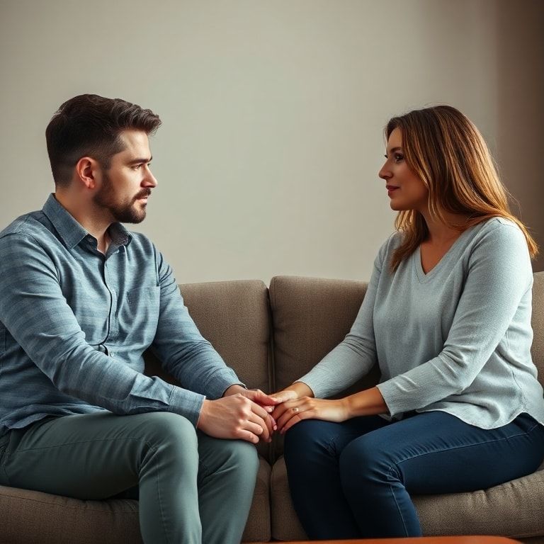 A couple sitting on a therapist's couch, facing each other with serious expressions, holding hands, with a compassionate female therapist gently guiding the conversation. The room is softly lit, with warm, muted tones, indicating a safe and supportive environment. Focus on emotional connection and hopeful tension, realistic, highly detailed, cinematic lighting, 8k quality, photorealistic