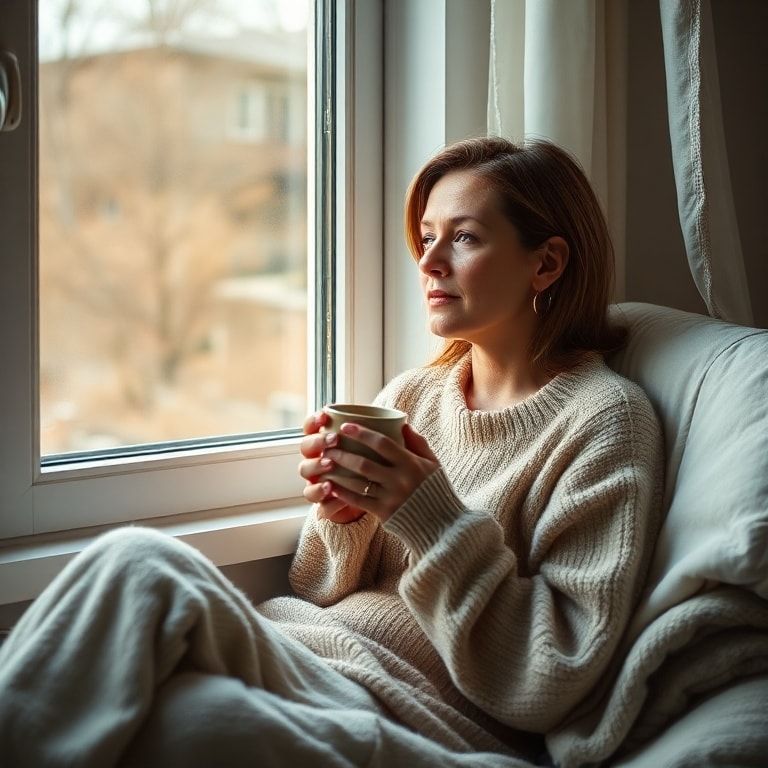 fianc - A woman sitting by a window, looking out thoughtfully, holding a warm mug. Her expression is contemplative but calm,