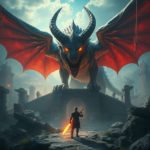 A majestic mythical creature with glowing eyes stands guard over ancient ruins, a lone adventurer with glowing sword approaches cautiously, high fantasy art style, vibrant colors, cinematic lighting, ultra detailed, 8k, concept art