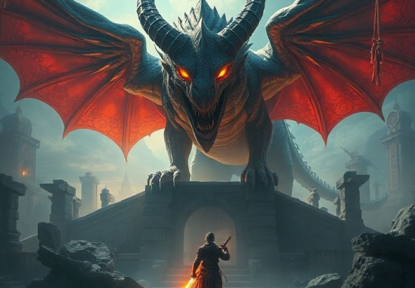 A majestic mythical creature with glowing eyes stands guard over ancient ruins, a lone adventurer with glowing sword approaches cautiously, high fantasy art style, vibrant colors, cinematic lighting, ultra detailed, 8k, concept art