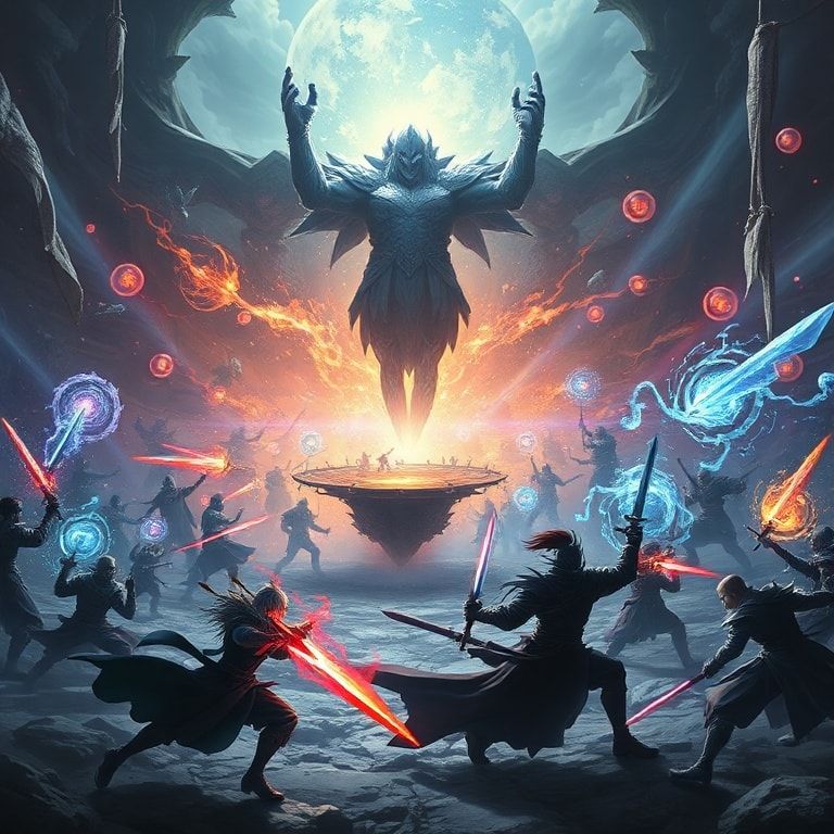 Massive fantasy battle scene with players using magical spells and swords, two distinct factions clashing in a dark, glowing
