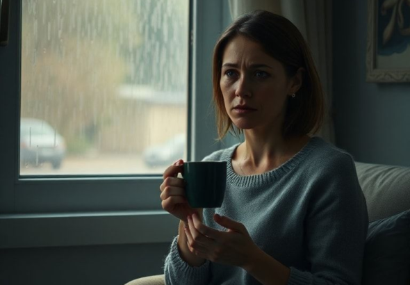 A woman sitting alone in a dimly lit room, holding a coffee cup, with a pensive and guilt-ridden expression, rain streaks down a window in the background, soft warm lighting, cinematic, realistic, detailed, 8k