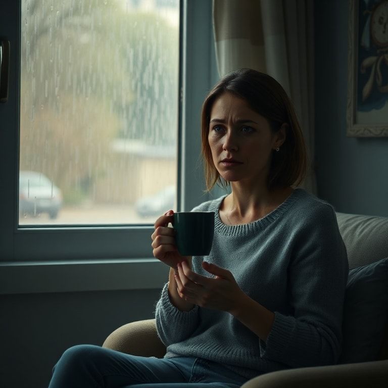A woman sitting alone in a dimly lit room, holding a coffee cup, with a pensive and guilt-ridden expression, rain streaks down a window in the background, soft warm lighting, cinematic, realistic, detailed, 8k