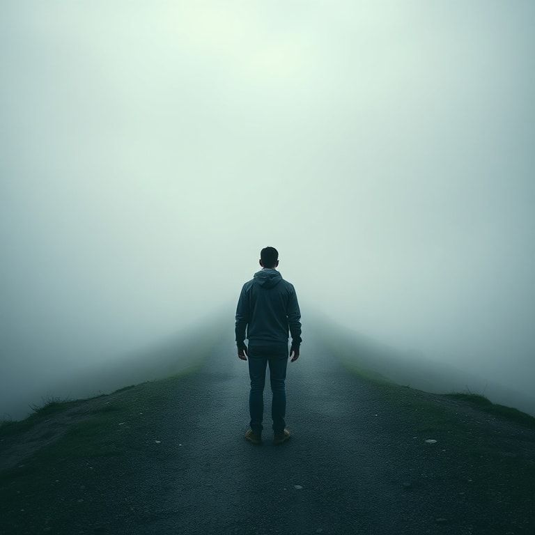 confession - A person standing at a crossroads, looking down two diverging paths, one path shrouded in mist and uncertainty,