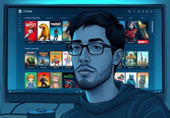 A digital library interface on a computer screen, resembling Steam's layout, filled with diverse video game icons and titles, some highlighted as 'critically acclaimed indie' or 'community favorite'. The screen glows with a soft blue light, reflecting on a gamer's focused face, surrounded by gaming peripherals. The overall mood is one of discovery and excitement for finding a hidden gem that feels like an urgent free game find.