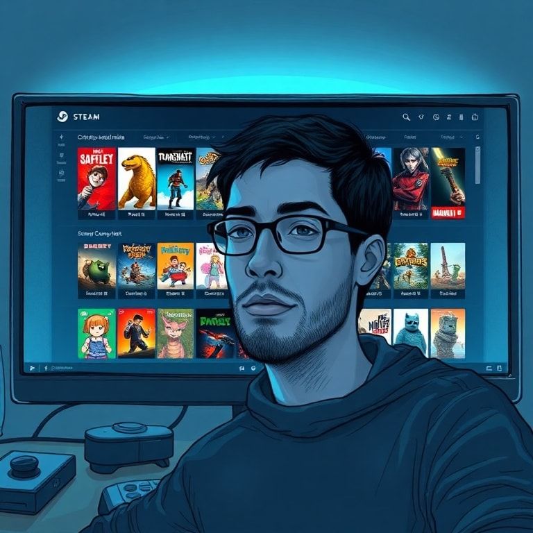 A digital library interface on a computer screen, resembling Steam's layout, filled with diverse video game icons and titles, some highlighted as 'critically acclaimed indie' or 'community favorite'. The screen glows with a soft blue light, reflecting on a gamer's focused face, surrounded by gaming peripherals. The overall mood is one of discovery and excitement for finding a hidden gem that feels like an urgent free game find.