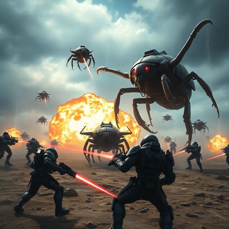 A dramatic, action-packed scene from Helldivers 2, with heavily armored space marines engaging giant alien bugs on a desolate